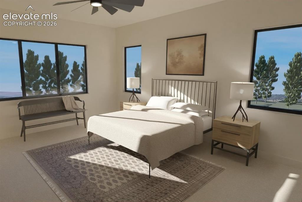 Image 14 of 32: Recessed lighting, ceiling fan, and multiple windows with dark frames