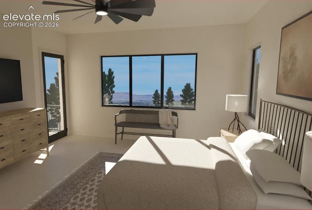 Image 15 of 32: Recessed lighting, ceiling fan, and multiple windows with dark frames