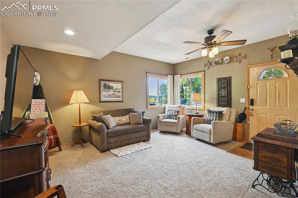 Image 11 of 34: Living area with a textured wall, light colored carpet, and ceiling fan