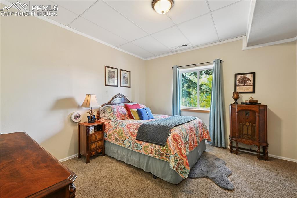 Image 16 of 34: Carpeted bedroom with crown molding