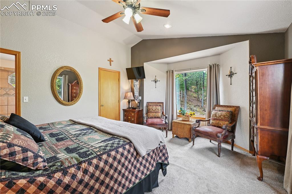 Image 29 of 34: Carpeted bedroom with a textured wall, ceiling fan, lofted ceiling, and rec