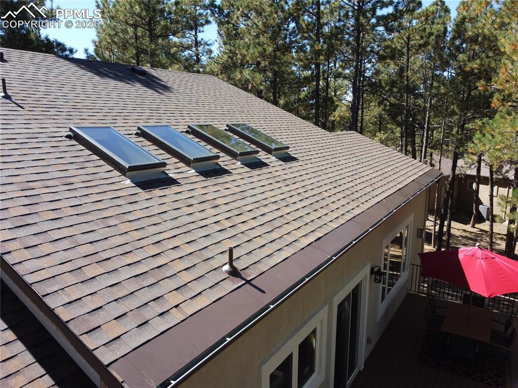 Image 40 of 48: Close-up view of the new shingles (2025), skylights, and the DE-ICING  pane