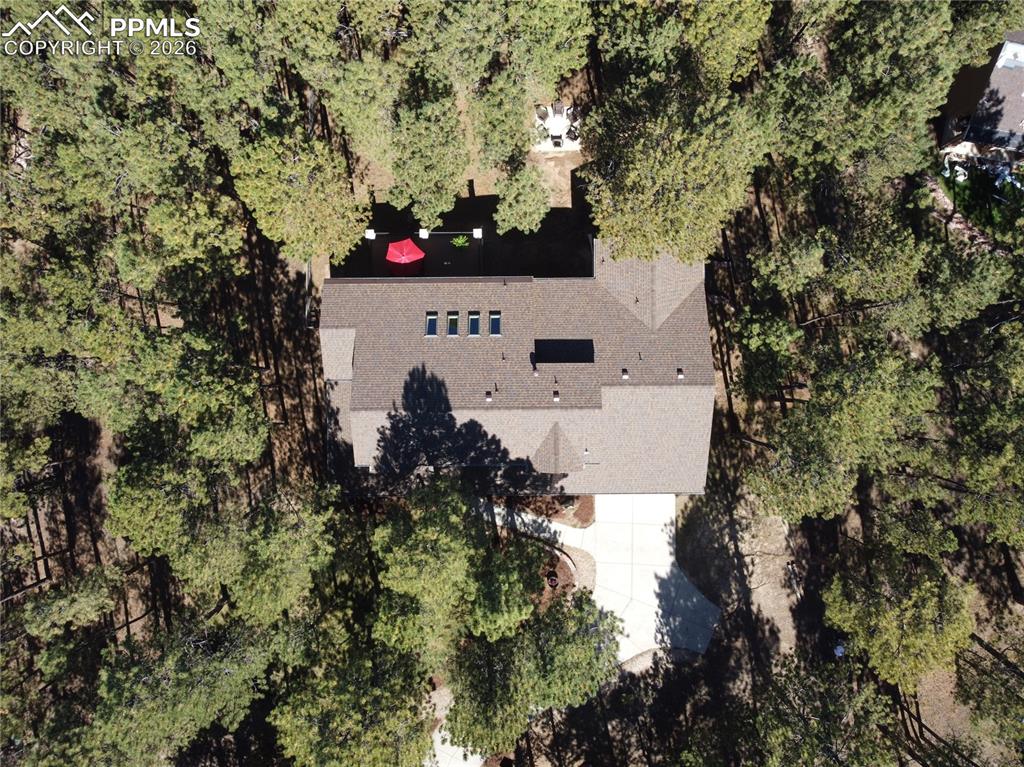 Image 45 of 48: Birds-eye view of the house ... and just a few of the trees!.