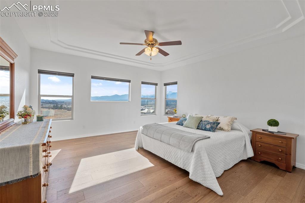 Image 19 of 48: Bedroom with light wood finished floors and ceiling fan