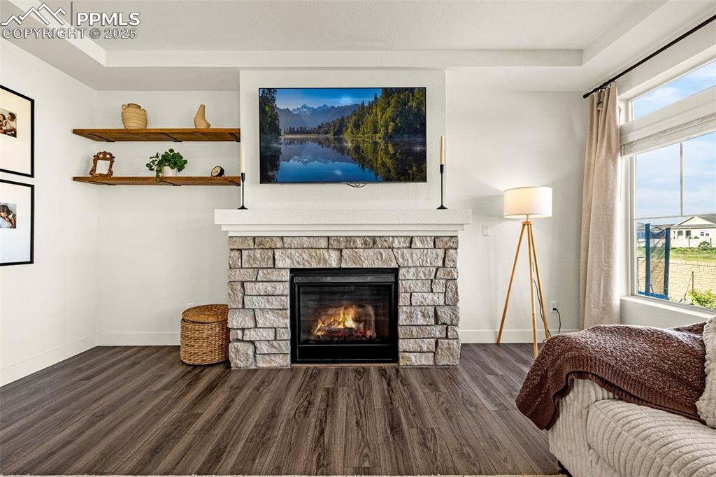 Image 11 of 32: Living room with dark wood-style floors and a fireplace