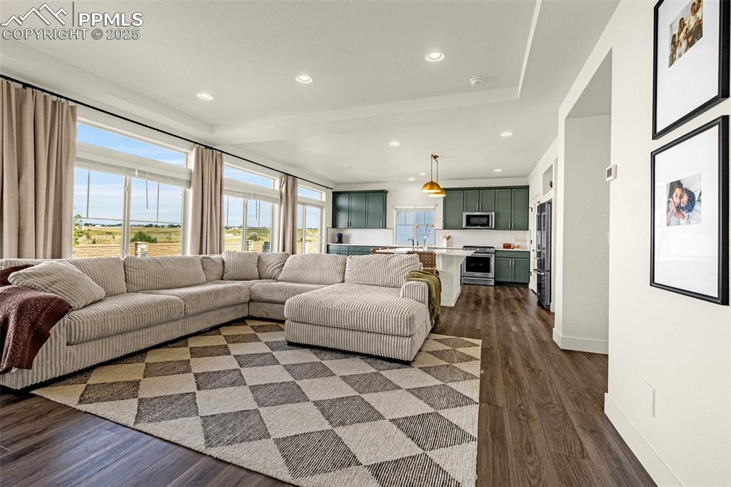 Image 2 of 32: Living area with dark wood-style flooring and recessed lighting