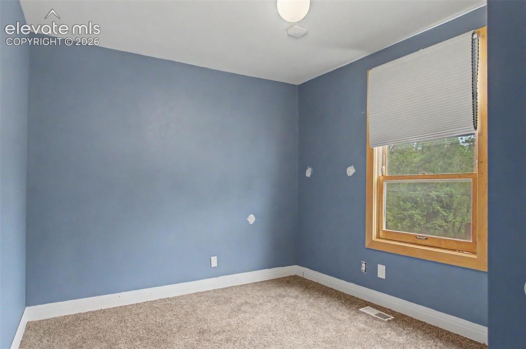 Image 17 of 27: Carpeted room with blue walls, white trim, and a natural wood-frame window 