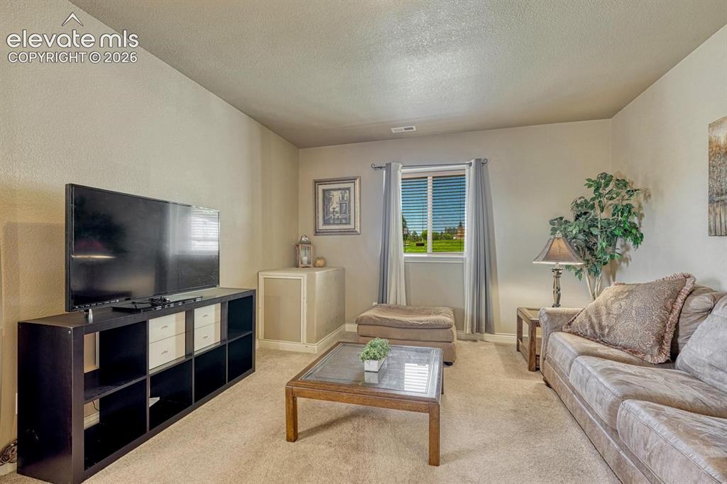 Image 28 of 41: Lower Level Carpeted living space featuring a window with horizontal blinds