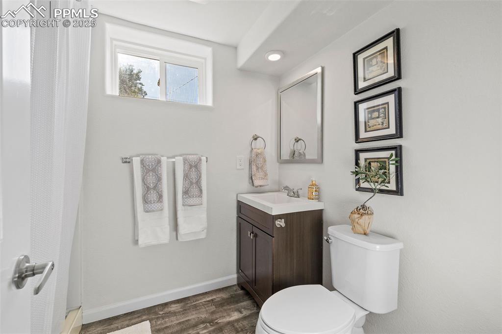 Image 28 of 39: Full bath featuring vanity, wood finished floors, and curtained shower