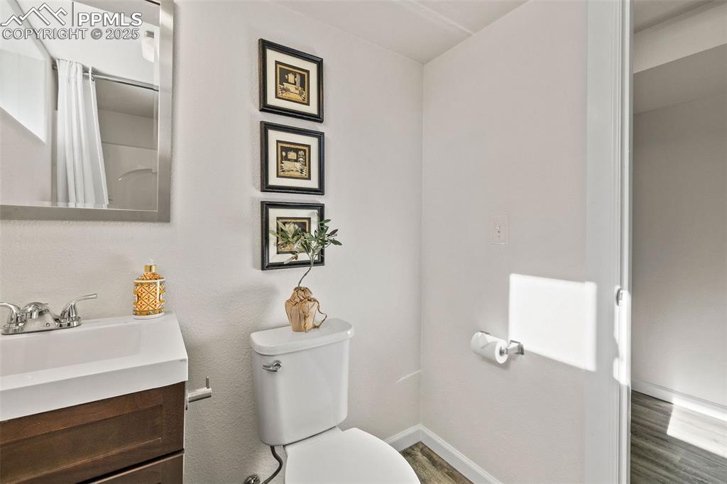 Image 29 of 39: Full bathroom featuring wood finished floors, vanity, and curtained shower