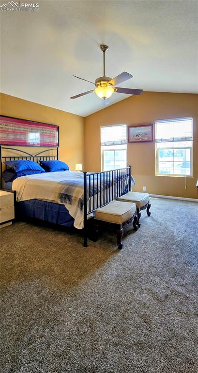 Image 28 of 37: Carpeted bedroom featuring lofted ceiling and a ceiling fan