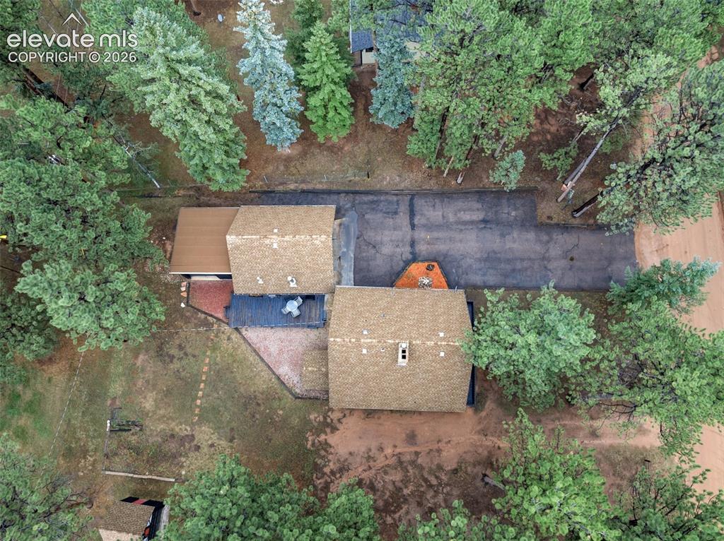 Image 34 of 40: Asphalt shingle roofing, mature trees, and an asphalt driveway