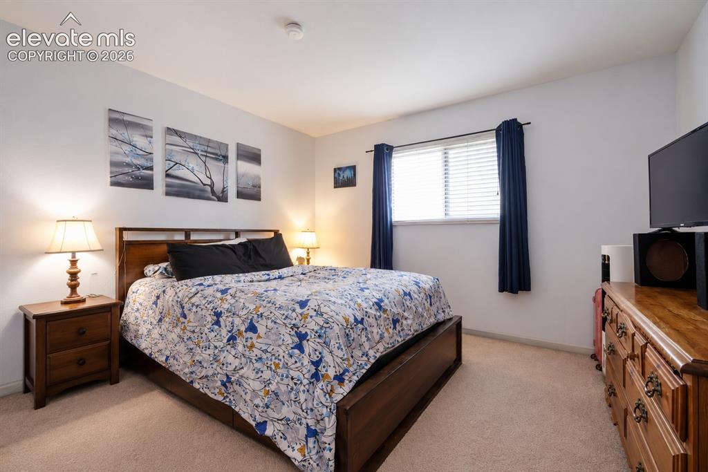 Image 13 of 26: Carpeted room featuring light-colored walls and a window with horizontal bl