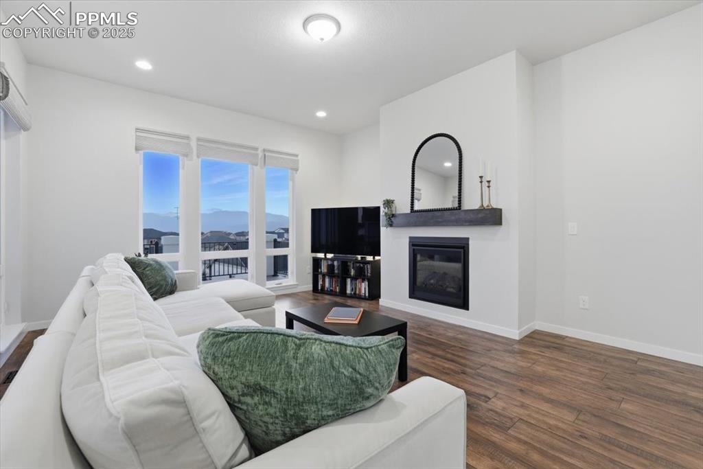 Image 7 of 43: Living area with a glass covered fireplace, dark wood-style floors, and rec