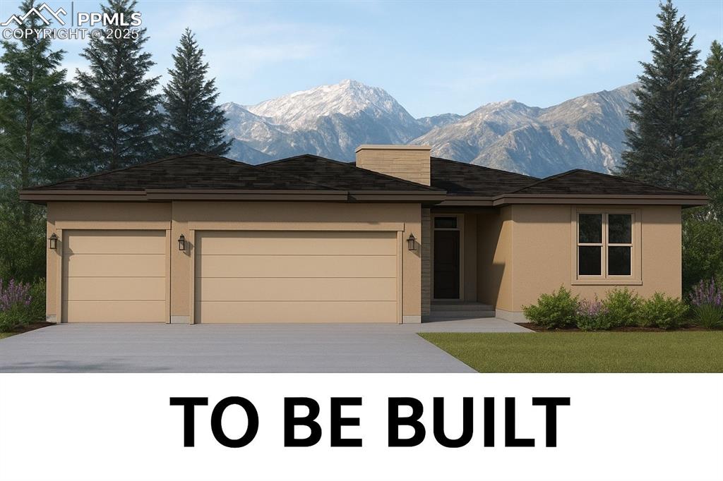 Caption: Single story home featuring driveway, a mountain view, a garage, and stucco siding