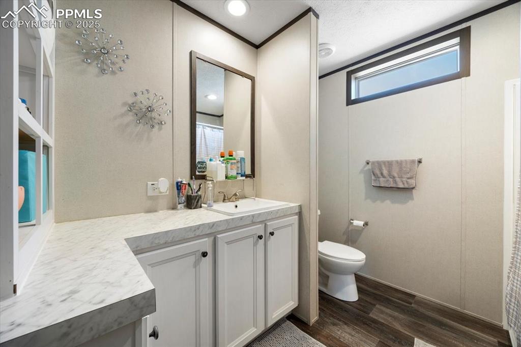 Image 22 of 40: Full bathroom featuring dark wood-type flooring, vanity, and a textured cei