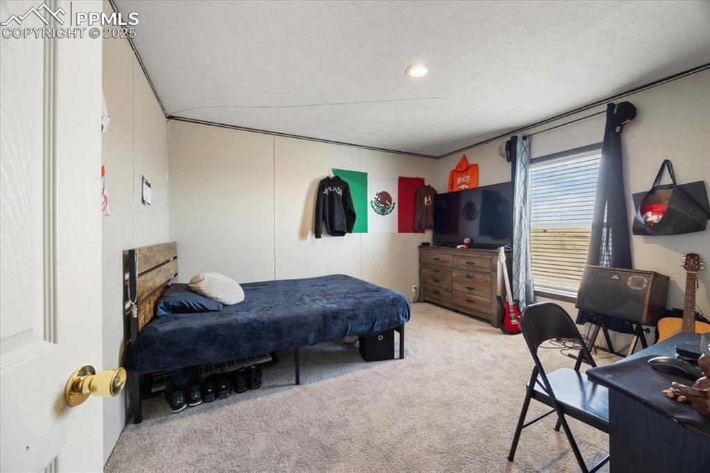Image 26 of 40: Bedroom with carpet flooring and a textured ceiling