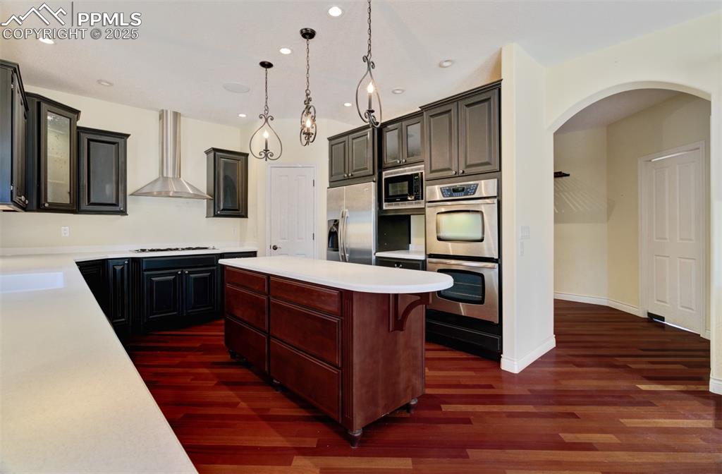 Image 29 of 48: Kitchen with an island, matching stainless steel appliances, pantry, a gas 