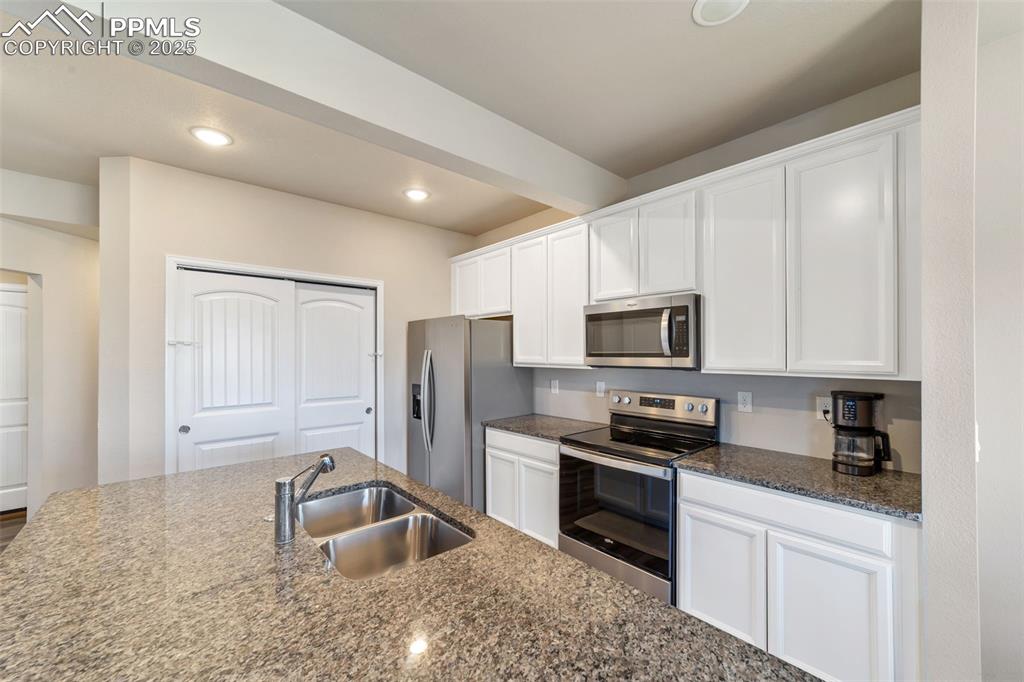 Image 3 of 23: Sleek white birch cabinets with crown molding and ample storage, blending s