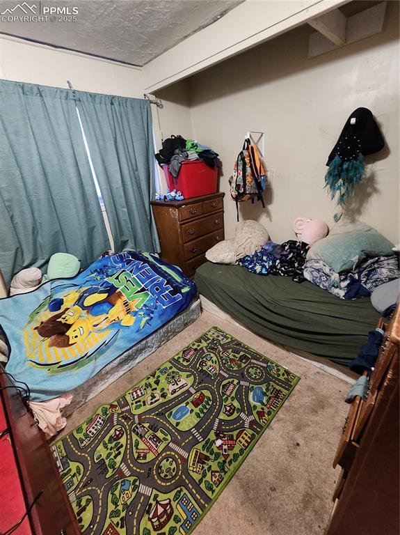 Image 27 of 33: Bedroom featuring a textured ceiling and carpet
