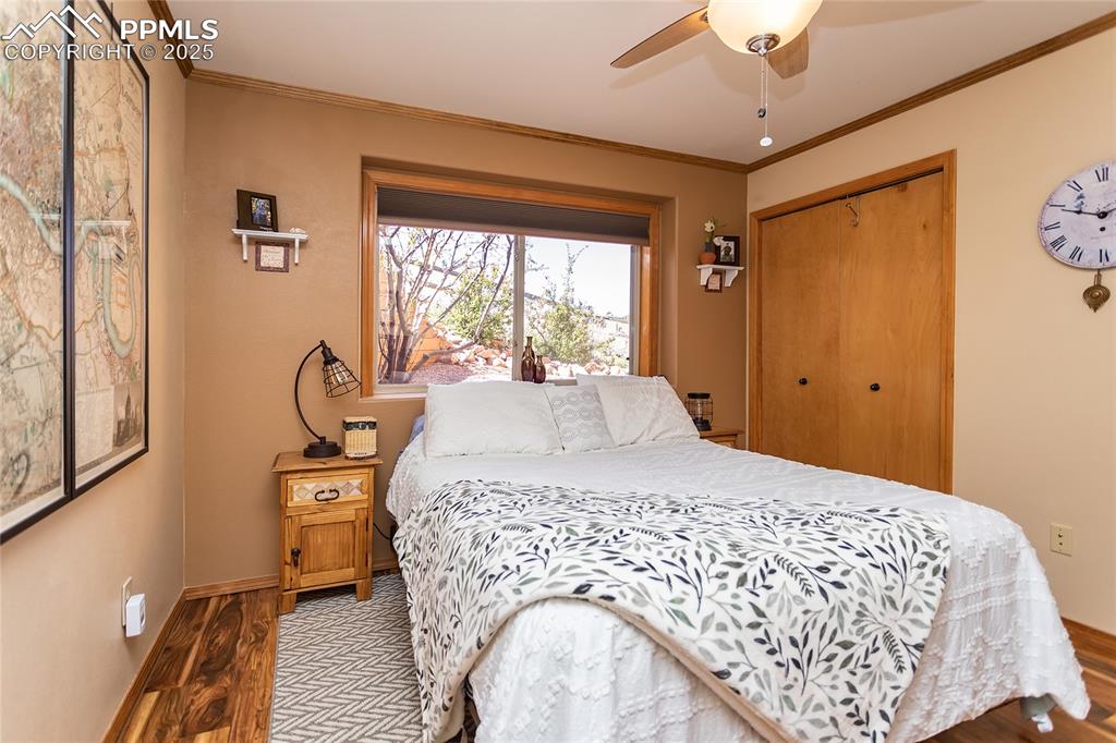 Image 30 of 44: Bright lower level Bedroom with wood finished floors and closet