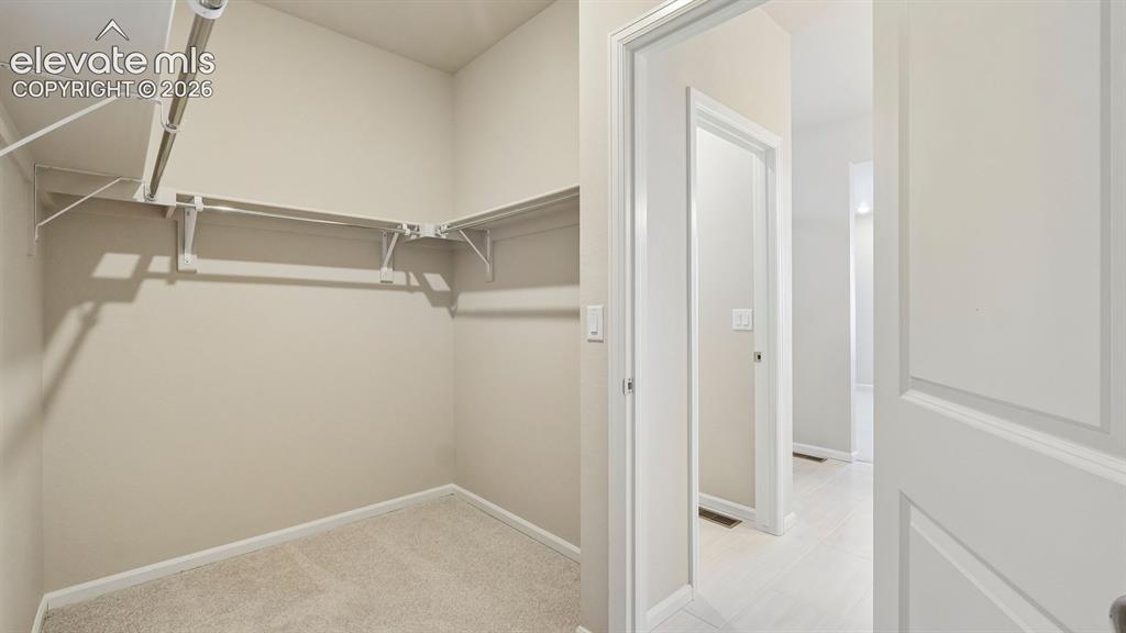 Image 33 of 47: Walk-in closet with carpet flooring and white wire shelving