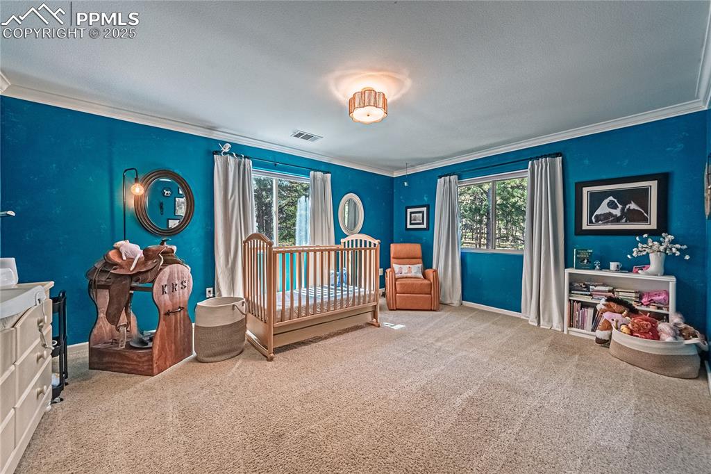 Image 23 of 50: Carpeted bedroom featuring crown molding and a crib