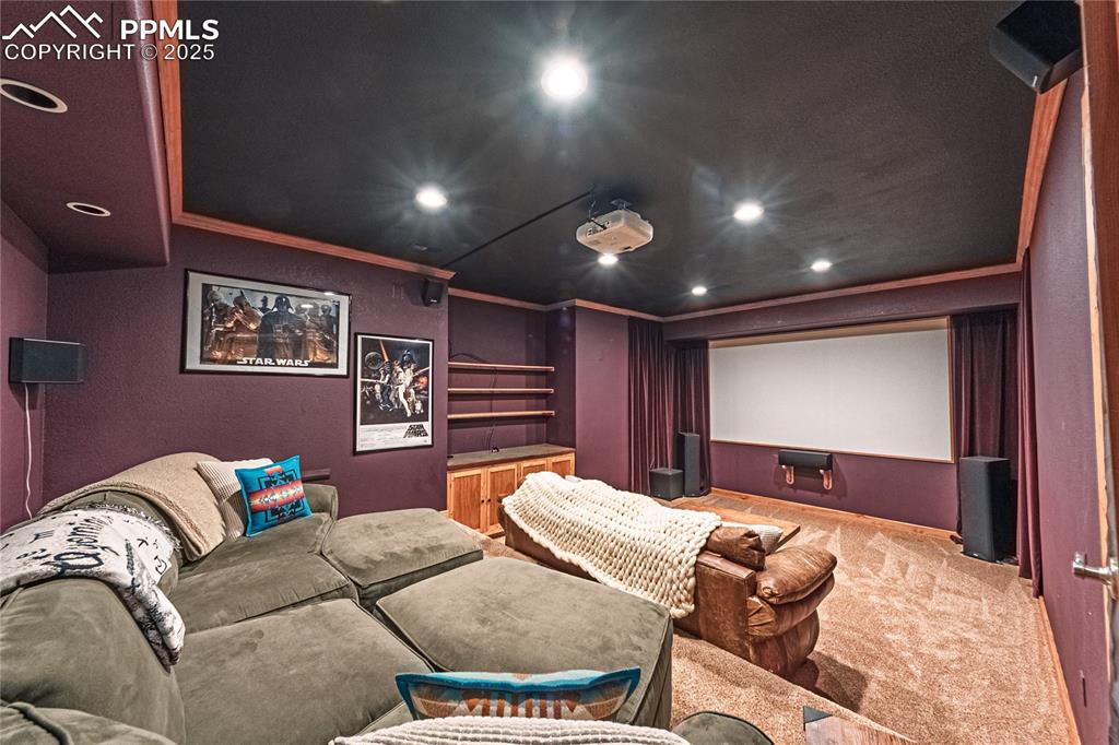 Image 45 of 50: Cinema with crown molding, light carpet, and recessed lighting