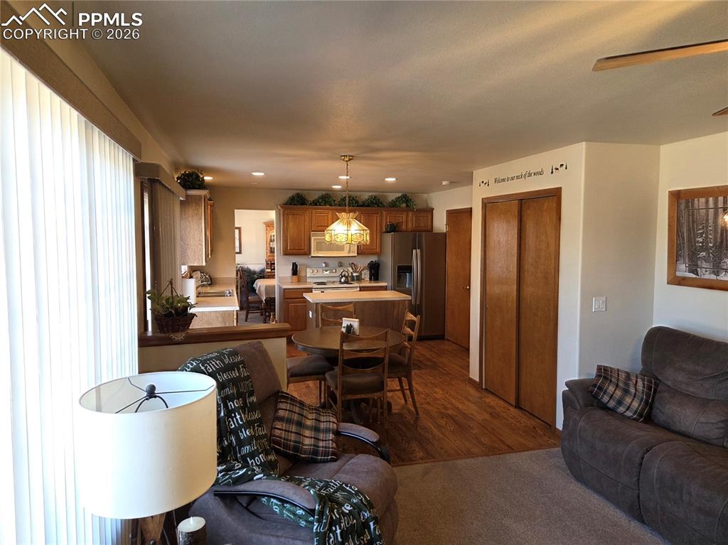 Image 12 of 38: Living room with a ceiling fan, recessed lighting, and dark colored carpet