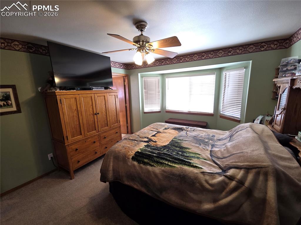 Image 21 of 38: Bedroom with dark carpet and a ceiling fan