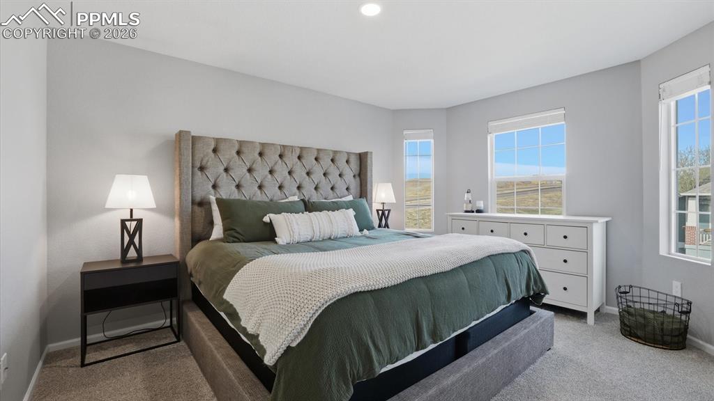 Image 23 of 50: The primary suite features neutral carpet, a wall of windows, a generous cl