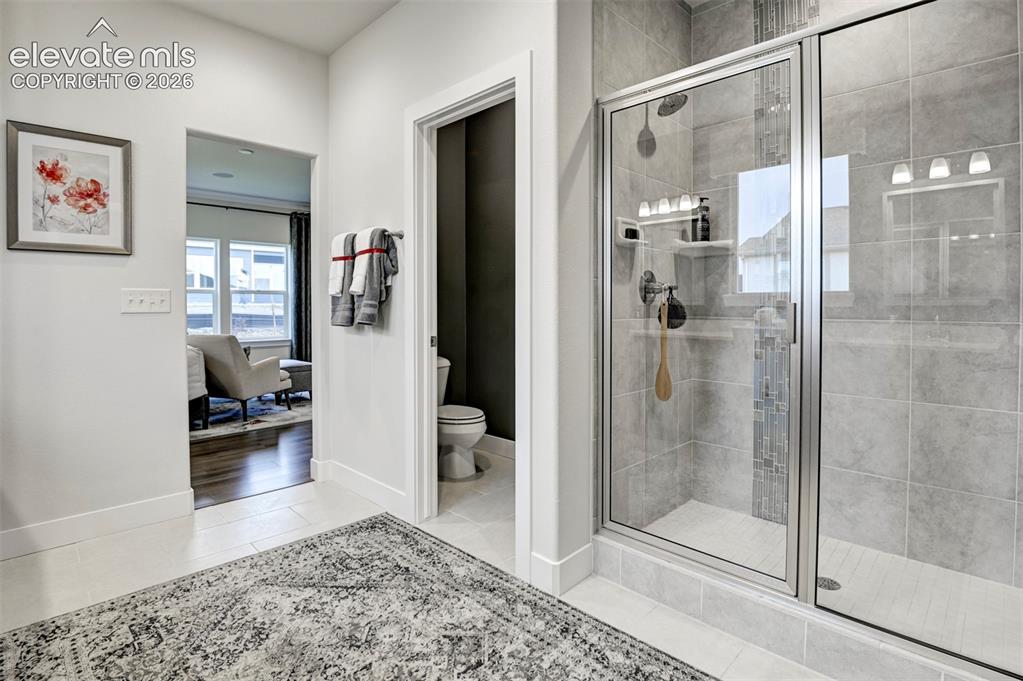 Image 21 of 31: Glass-enclosed shower with gray tile surround and an integrated niche
