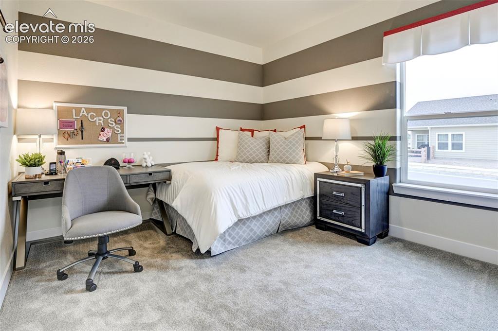 Image 31 of 31: Striped accent wall, neutral carpet flooring, large window with trim, built