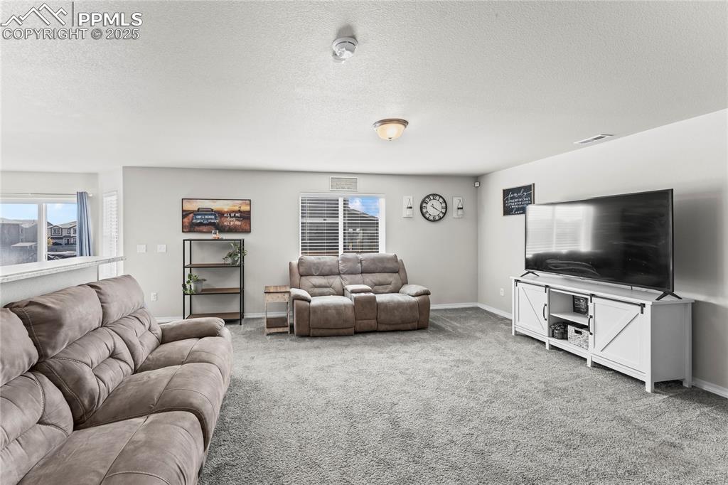 Image 16 of 40: Living room featuring a textured ceiling and carpet floors