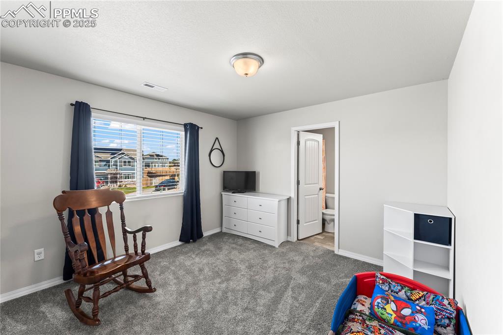 Image 27 of 40: Living area featuring carpet flooring and baseboards