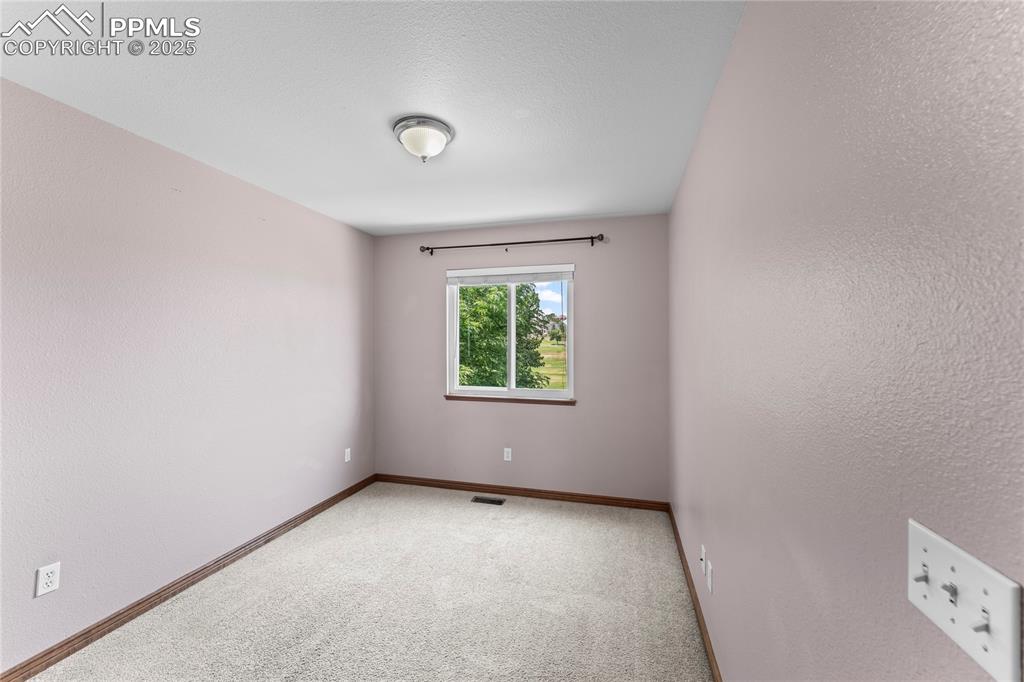 Image 30 of 42: Spare room with a textured wall, carpet floors, and a textured ceiling