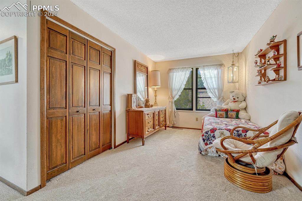 Image 28 of 46: Living area featuring light colored carpet and a textured ceiling