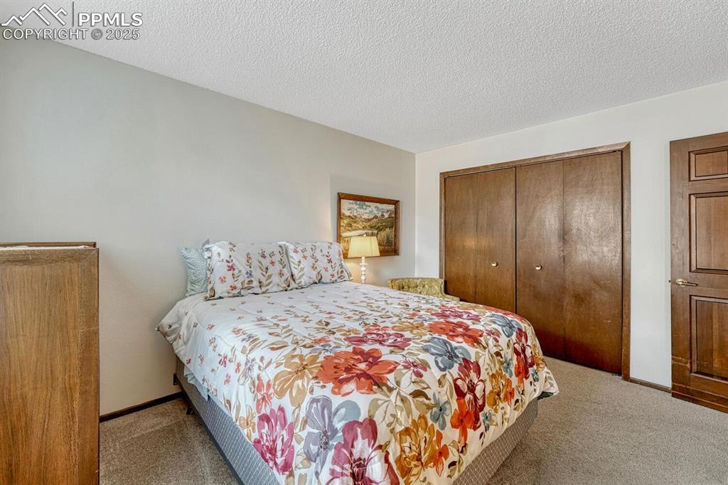Image 31 of 46: Bedroom featuring light carpet, a closet, and a textured ceiling