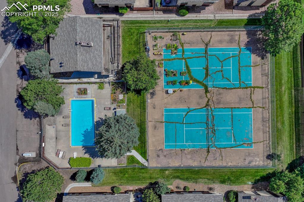 Image 45 of 46: Drone / aerial view of a pool area