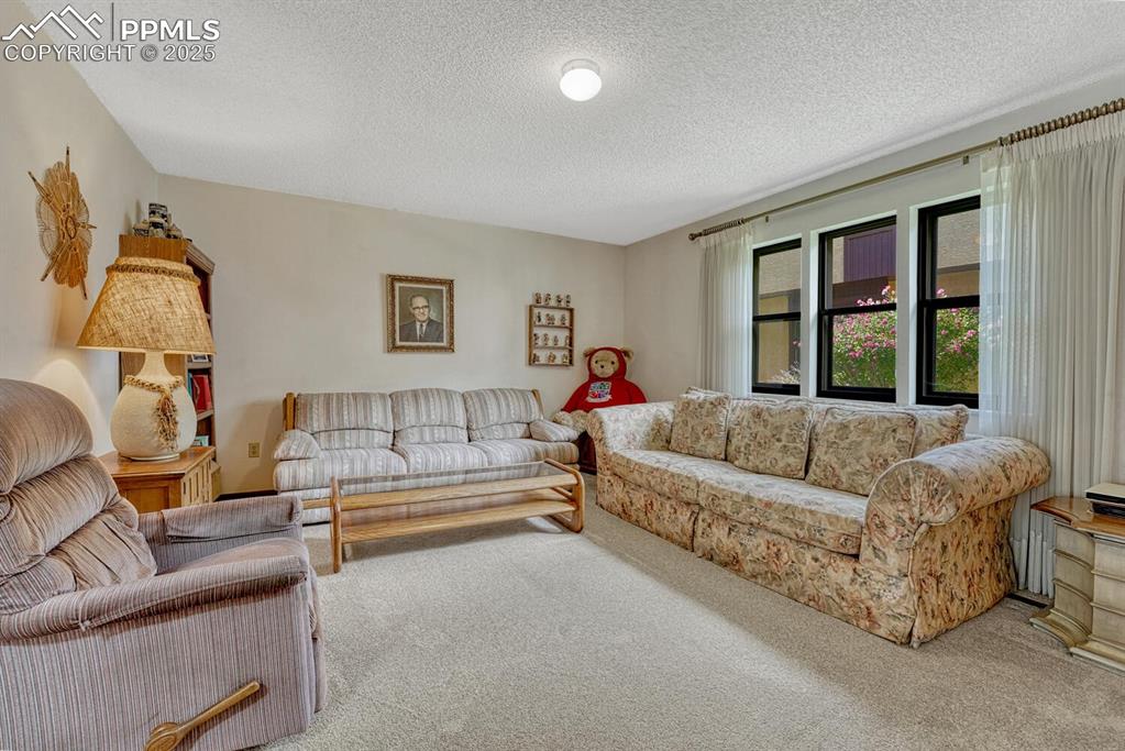 Image 7 of 32: Carpeted living room featuring a textured ceiling