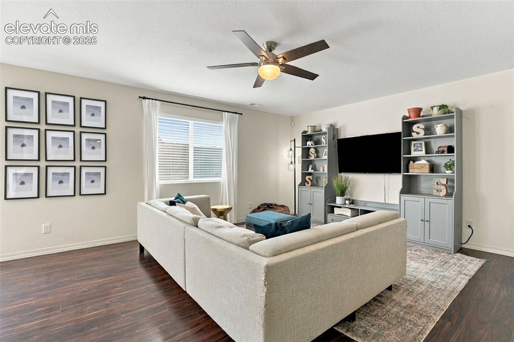 Image 9 of 48: Wood-finish flooring, a ceiling fan with integrated lighting, and a large w