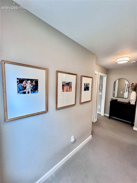 Image 12 of 20: Hallway featuring light gray textured walls, carpet flooring, white baseboa