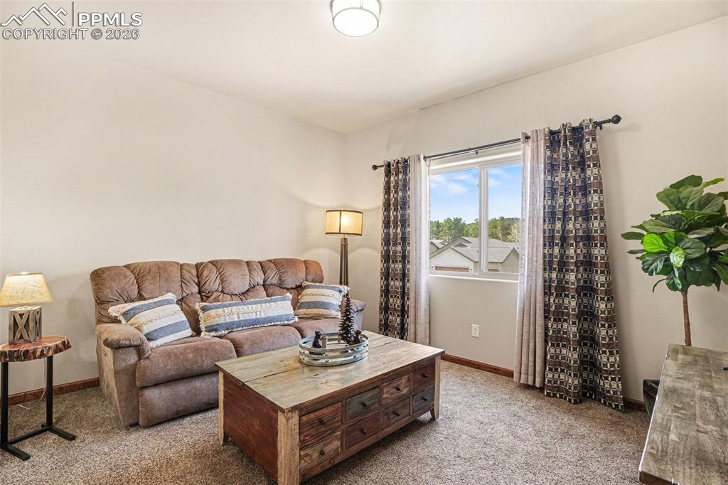 Image 20 of 35: The second upstairs bedroom is equally inviting, offering soft carpet under