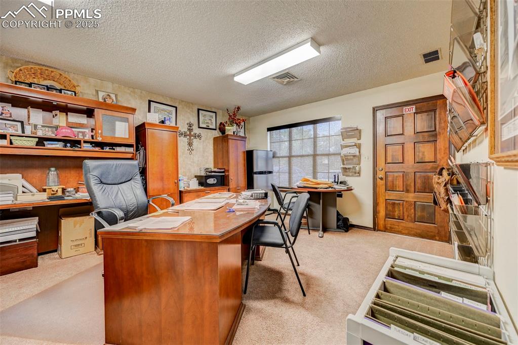 Image 16 of 45: Home office with light carpet and a textured ceiling