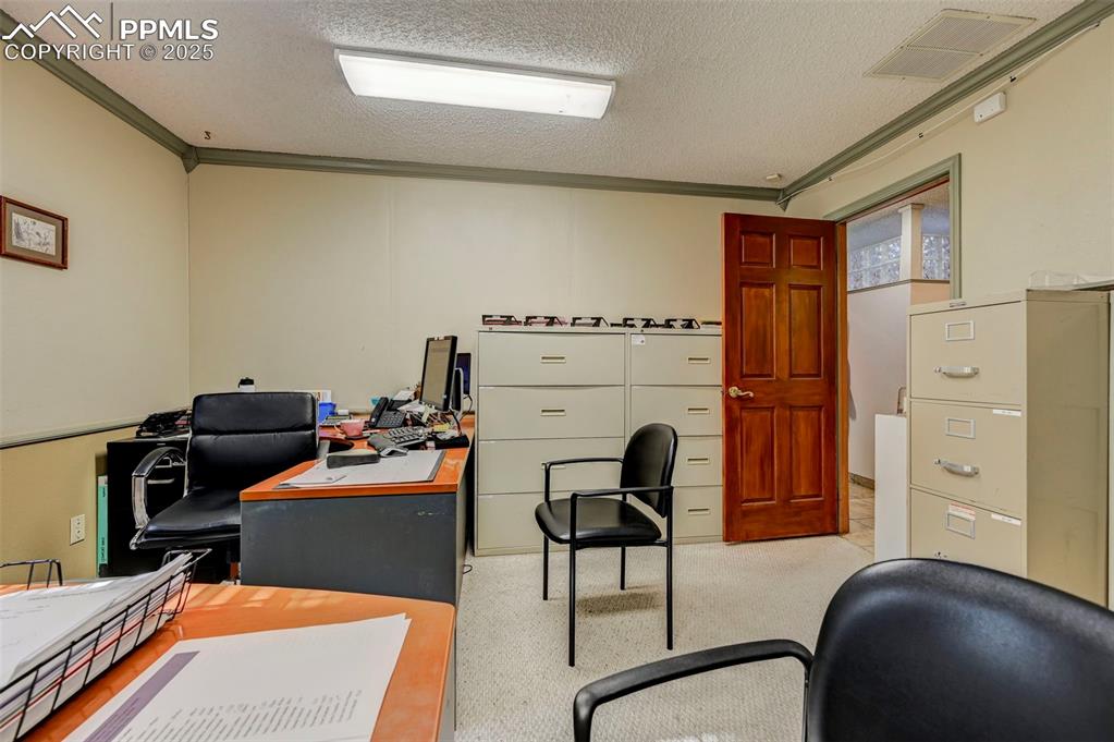 Image 23 of 45: office with crown molding, a textured ceiling, and carpet floors