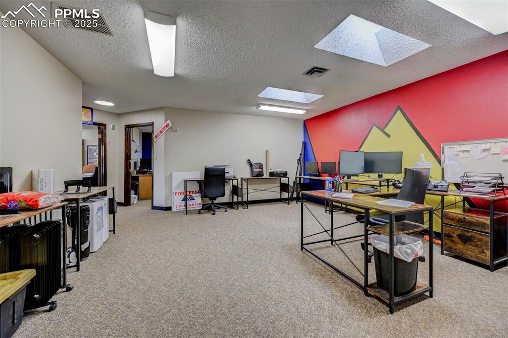 Image 38 of 45: Carpeted office space featuring a skylight and a textured ceiling
