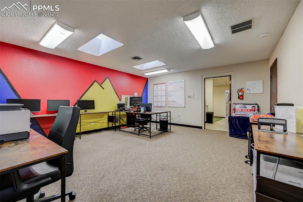 Image 39 of 45: Carpeted home office with a skylight, a textured ceiling, and baseboards