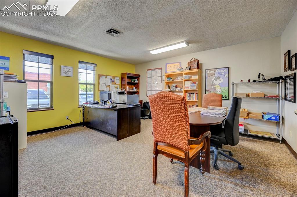 Image 44 of 45: Carpeted home office featuring a textured ceiling and baseboards