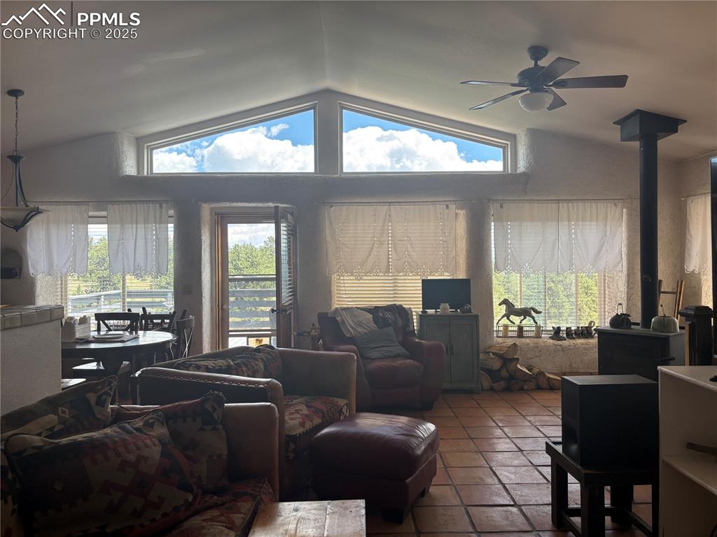 Image 3 of 25: Living room featuring plenty of natural light, a wood stove, high vaulted c
