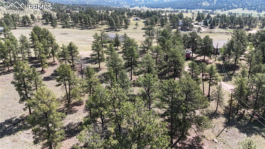 Image 22 of 44: Aerial view of sparsely populated area featuring a tree filled landscape